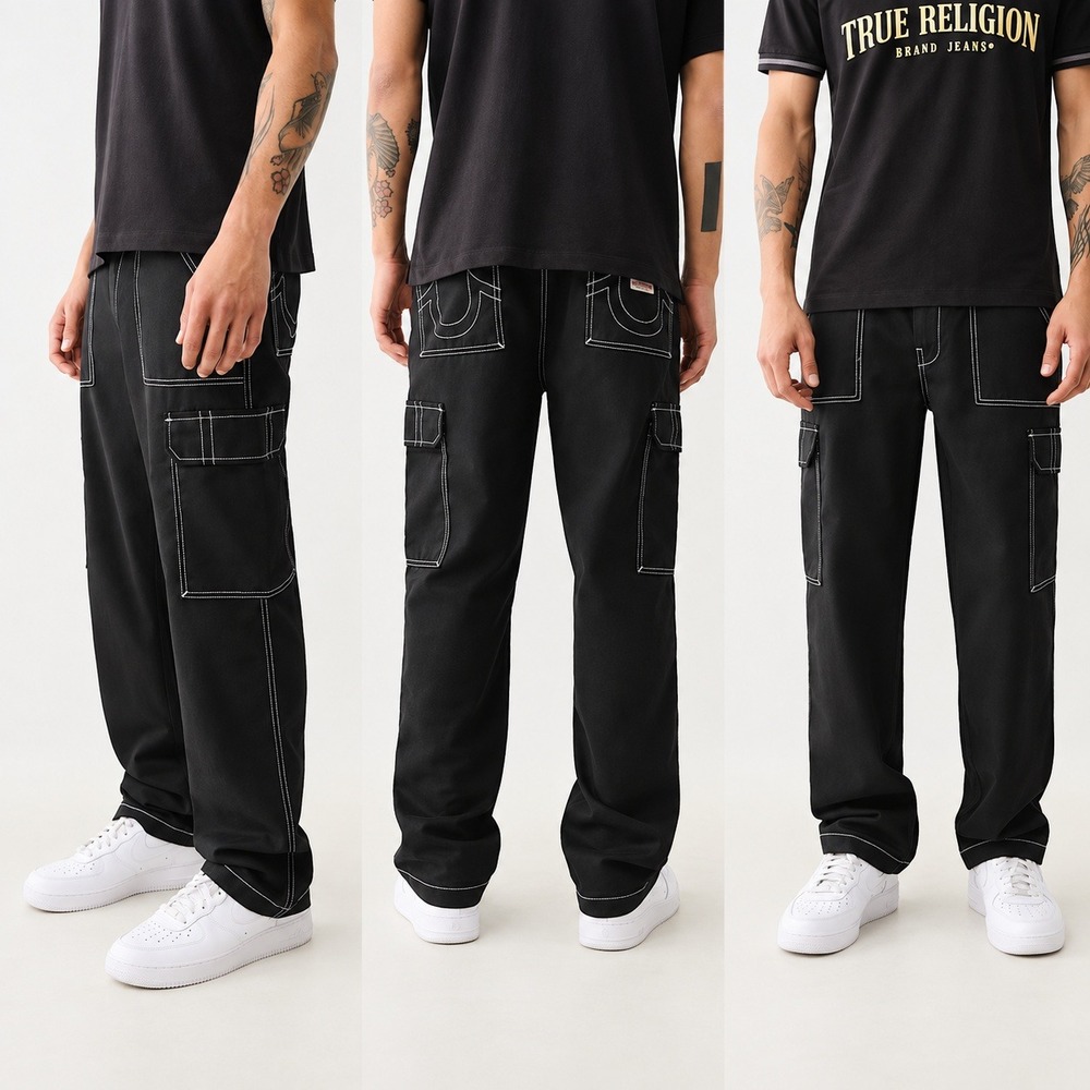 True Religion Bobby Baggy Cargo Pants Mens Black Contrast Stitch Utility Pant